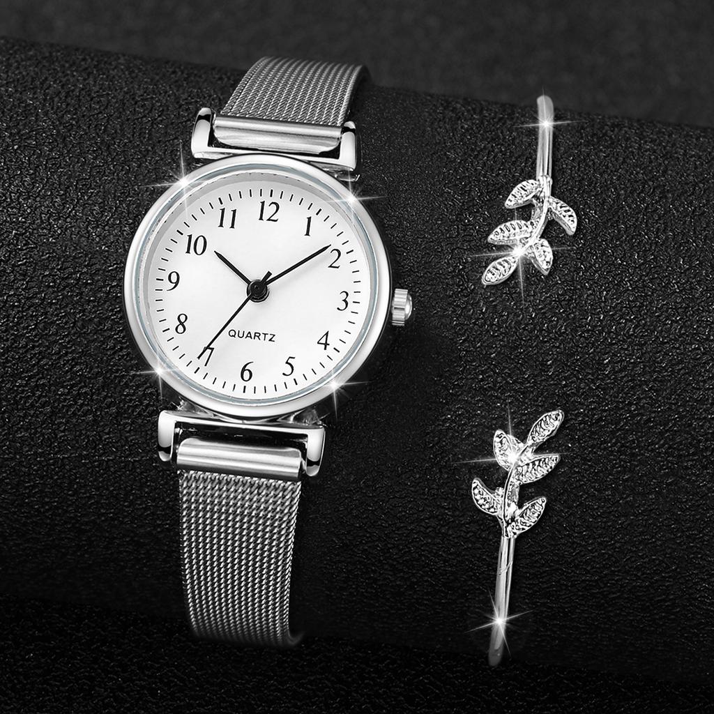 2 шт./компл. Модные женские часы, повседневные, сетчатый ремешок, круглый циферблат, кварцевые часы с браслетом в форме листьев(Коробка не входит)