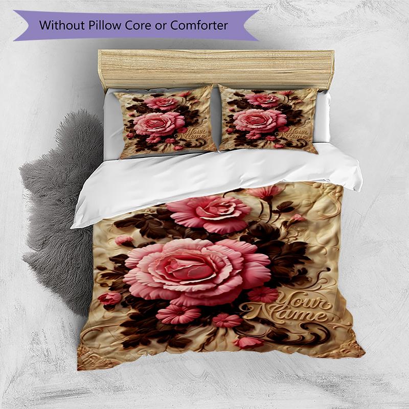 3pcs Custom Name Floral Artwork Printed Bedding Set Duvet Cover Closure Includes 1 Duvet Cover & 2 Pillowcases, Soft and Comfortable for All Seasons.