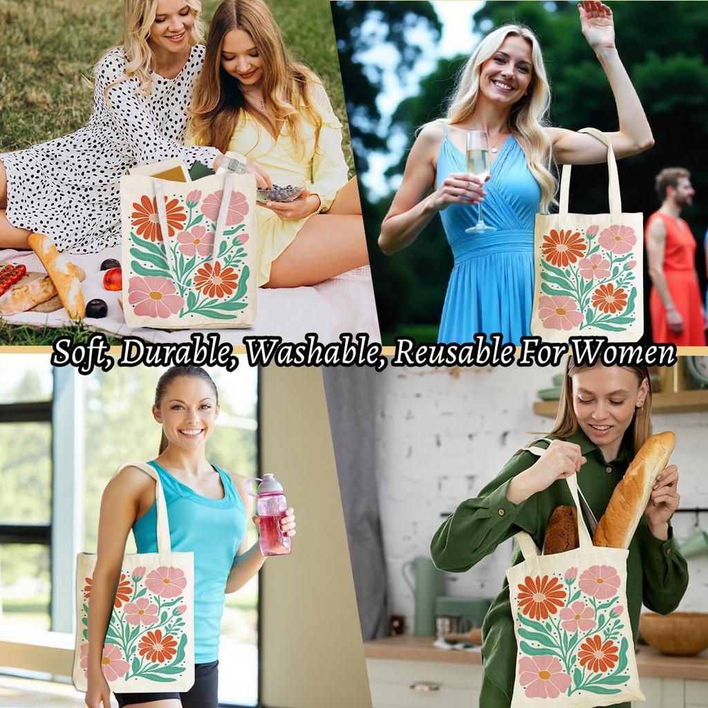 Boho Floral Canvas Tote Bag, Retro Flower Shoulder Bag for Women Girls