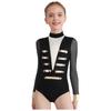 Girls Dance Leotard Sheer Mesh Long Sleeves Mock Neck Keyhole Back Metallic Stripes Buttons Bodysuit Costume