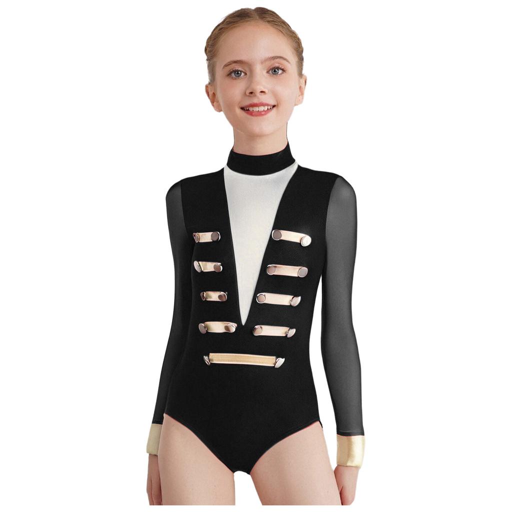 Girls Dance Leotard Sheer Mesh Long Sleeves Mock Neck Keyhole Back Metallic Stripes Buttons Bodysuit Costume