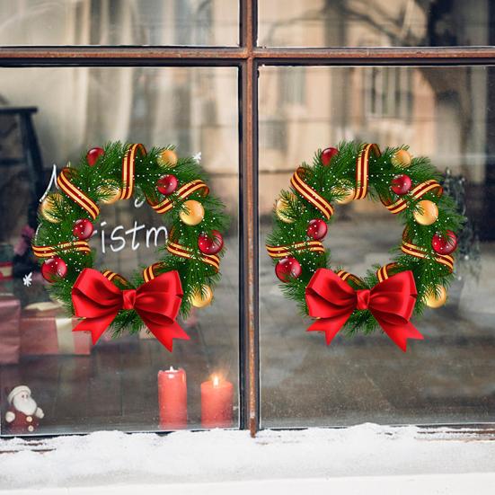Christmas Window Clings Large Christmas Wreath Decals with Bow Bells Balls Xmas Static Stickers