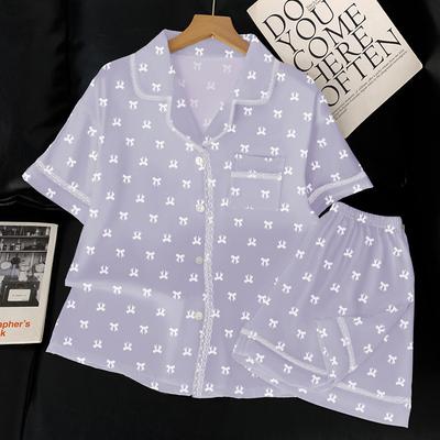 Французская пижама из ледяного шелка женская летняя с принтом свободная с коротким рукавом кардиган домашняя одежда комплект из двух предметов можно носить на улице