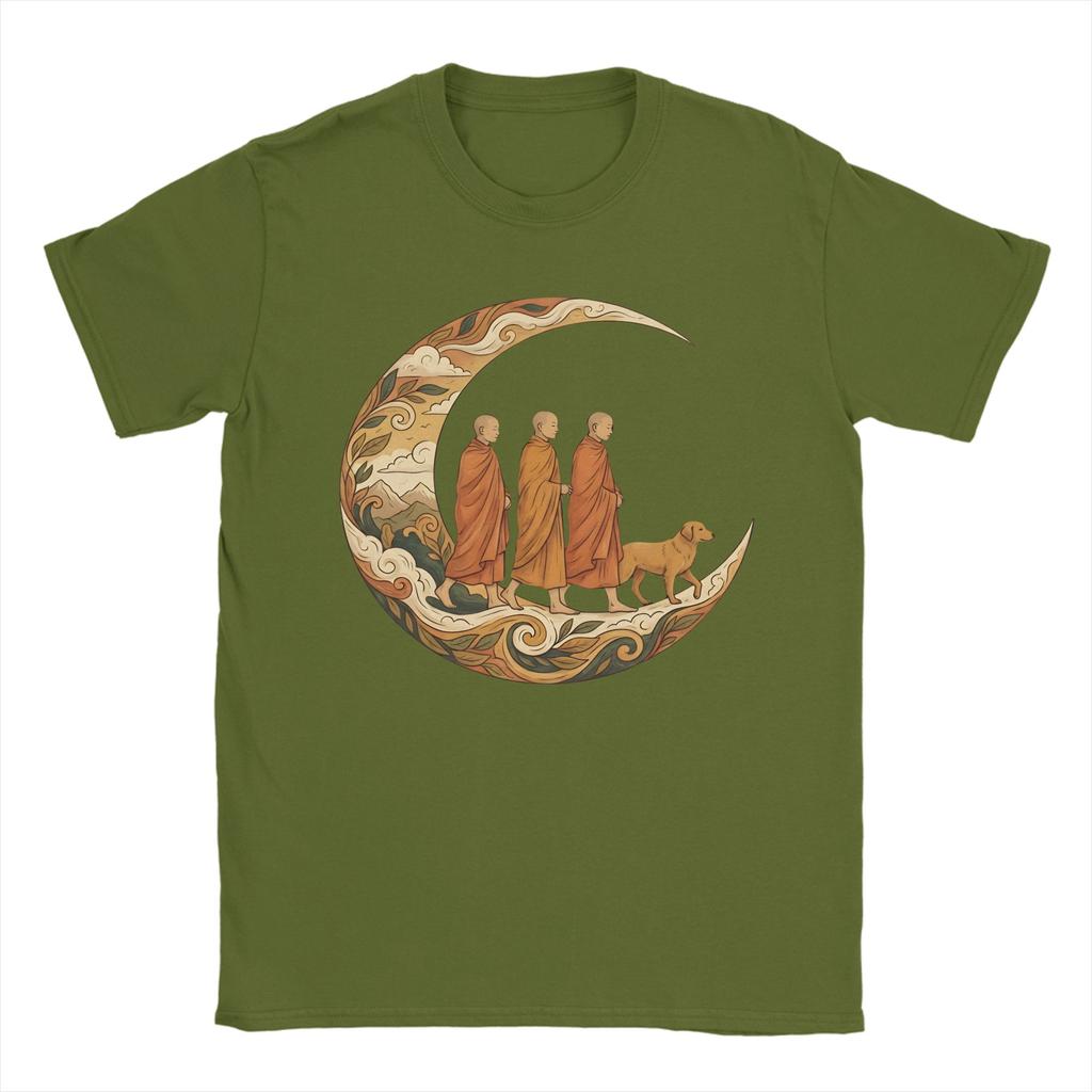 Walking for Peace Monks and Dog in a Crescent Moon Mens T Shirts Crazy Tee Shirt Short Sleeve TShirt Cotton Plus Size Clothes