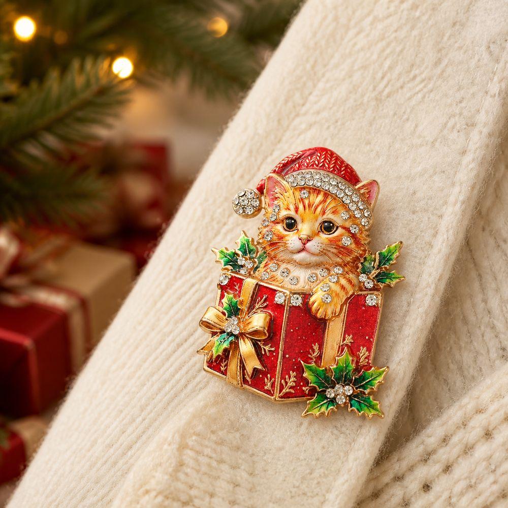 Alloy Cat Brooch Pin Enamel Finish Holiday Brooch New Christmas Cat Brooch New Year Party