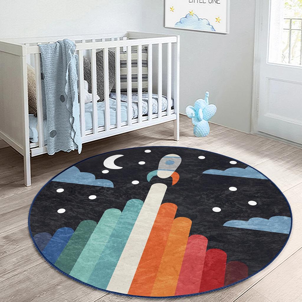 Space Round Rug Planet Floor Carpet Alphabet Non Slip Circle Rugs Rocket Anti Slip Mat Math Area Rugs Black Rug For Kid's Room