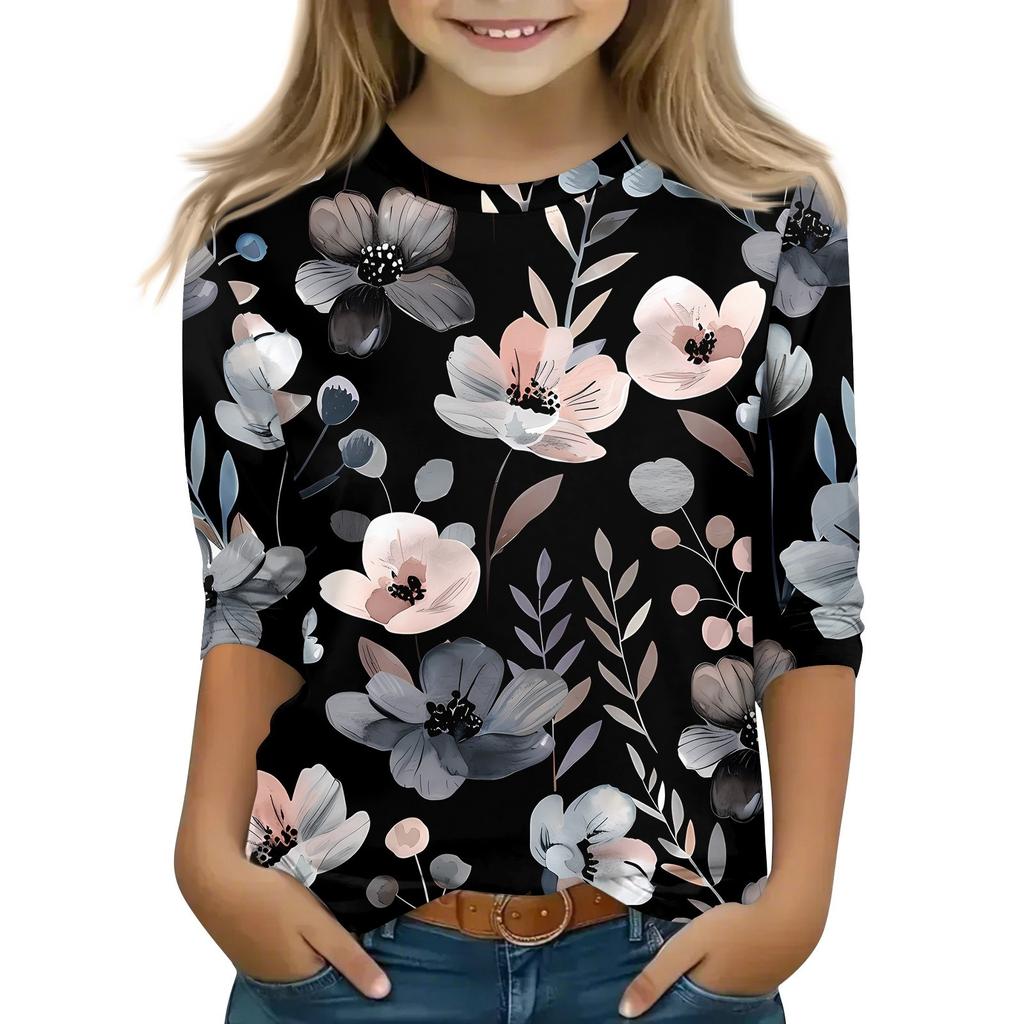 Детская футболка с рукавом 3/4, повседневная футболка с принтом, круглый вырез, блузка-пуловер