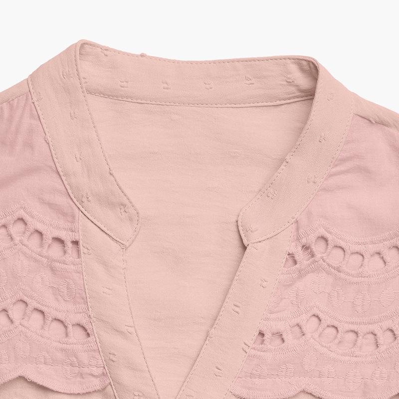 Европейская Ретро Сладкая Ажурная Блузка с Воланами на Рукавах, Стойкой Воротником, Однотонная, Женская Летняя Рубашка