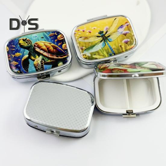 Pill Box with Hinged Lid 2 Compartments Tablet Holder Portable Jewelry Case with Mirror for Purse Pocket Travel Use