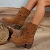 Fashion 2025 Spring and Autumn Fashionable Women's Retro Cowboy Boots Chic Star Hollow Round Toe Mid-Heel Mid-calf Boots for Women