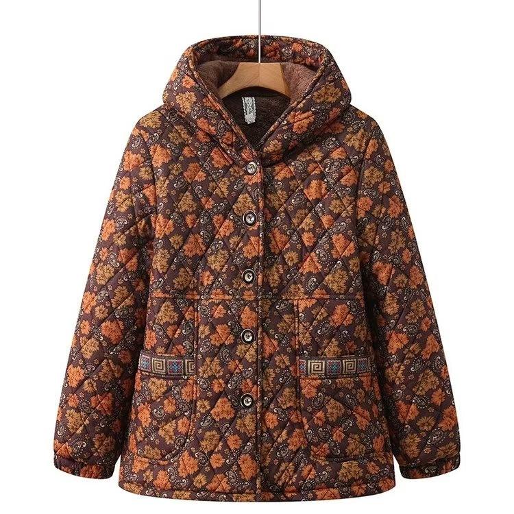 Осенне-зимняя куртка с хлопковой подкладкой, теплая куртка с капюшоном и цветочным принтом, женская зимняя куртка с толстой бархатной подкладкой из хлопка