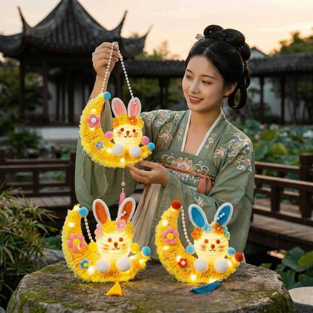 Handmade Twisted Stick Rabbit Lantern DIY Material Kit Glowing Moon Rabbit Flower Lantern with Light Handle Lantern Children
