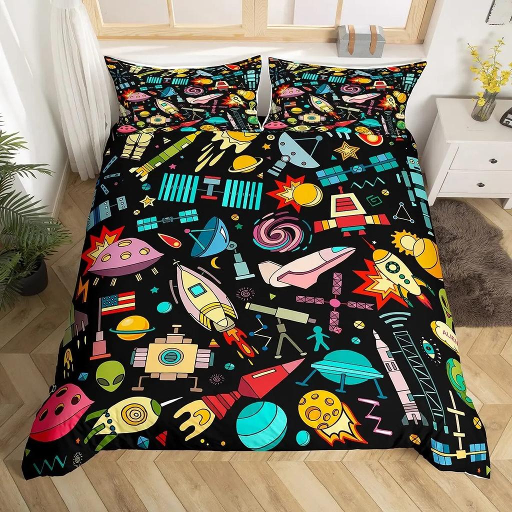 Boys Cartoon Robot Rocket Duvet Cover King Queen Size,Kids Spaceship Bedding Set 3Pcs Starry Galaxy Universe Planet Quilt Cover
