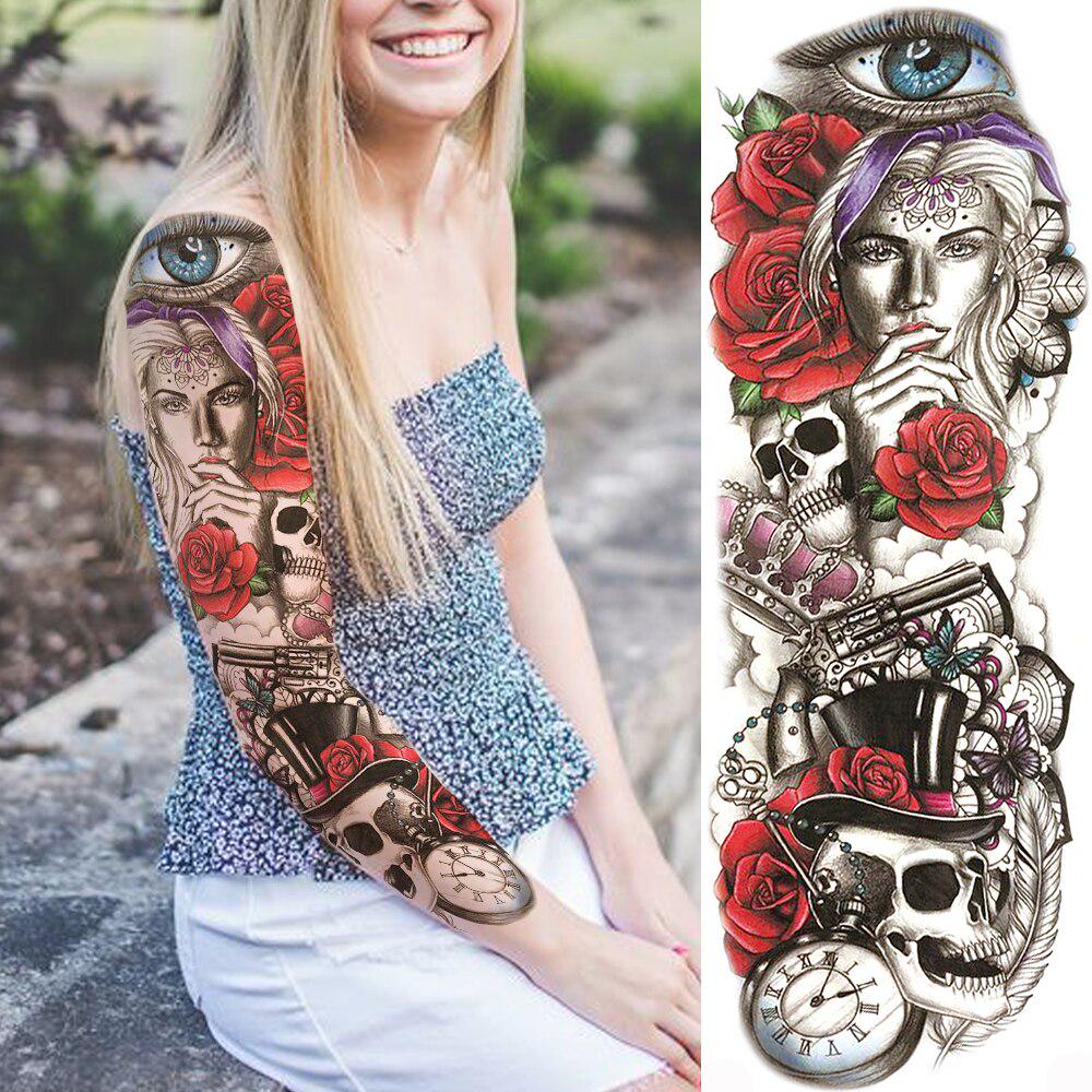 Sketch Compass Rose Flower Temporary Tattoos For Men Women Full Arm Sleeve Fake Tattoo Sticker Decor