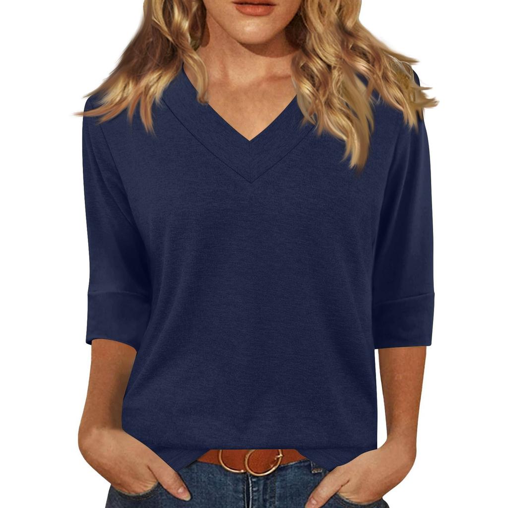 Women's Fashion Casual V Neck 3/4 Sleeve Loose Printed T-Shirt Ladies Top