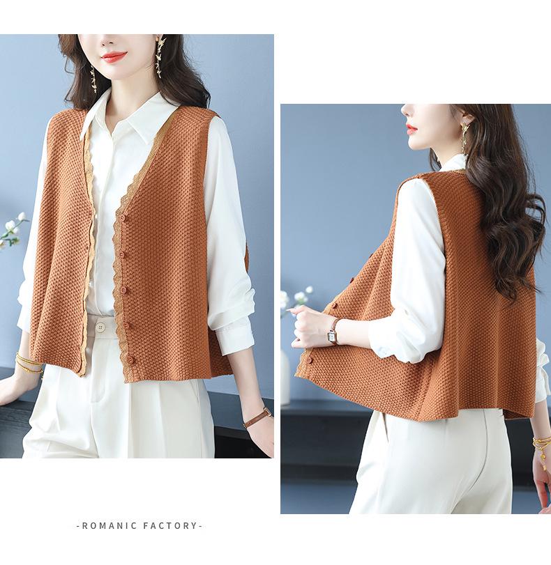 Вязаный жилет с V-образным вырезом и кружевной отделкой - Женский модный кардиган без рукавов на весну/осень для мам среднего возраста