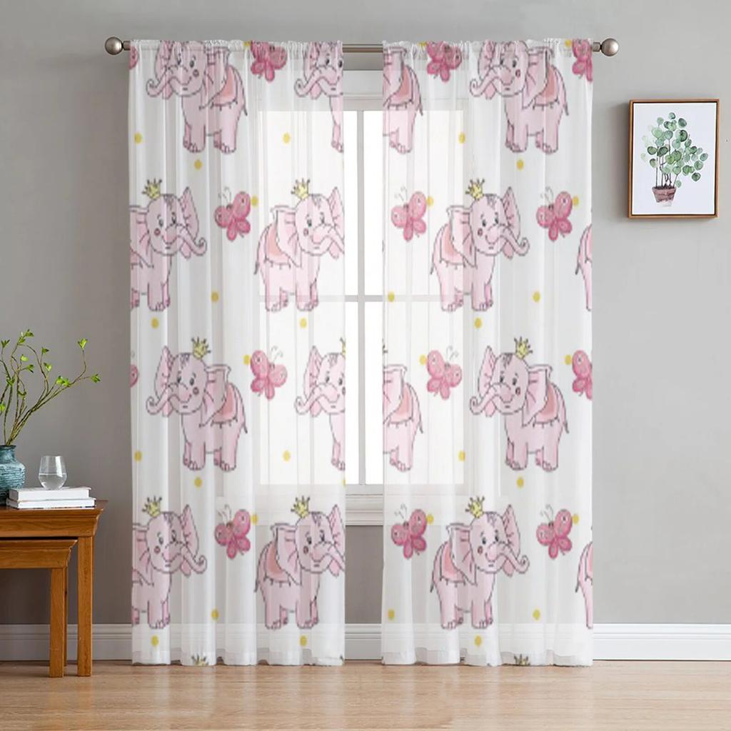 Cartoon Butterfly Pink Elephant Sheer Curtains For Living Room Kids Bedroom Tulle Curtains Kitchen Window Treatment Drapes
