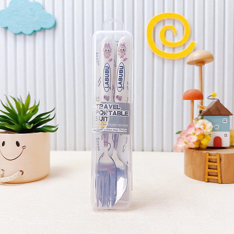 Милый набор столовых приборов из нержавеющей стали Labubu, состоящий из двух предметов, детская посуда с ручками из полипропилена, переносная вилка, ложка, детские товары