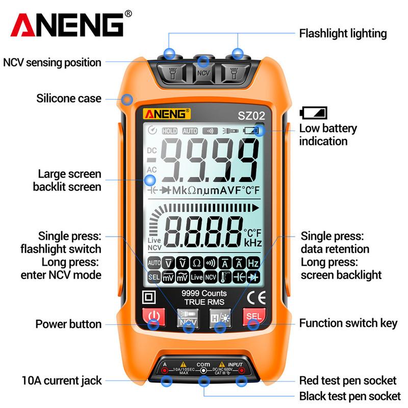 ANENG SZ02 Умный цифровой мультиметр 9999 отсчетов True RMS Автоматический Измеритель электроемкости Температуры Сопротивления Тестеры транзисторов
