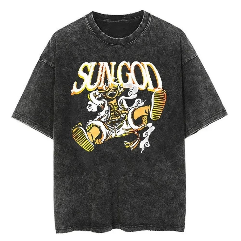 One Piece Tee Men Casual Oversized Washed Harajuku Tshirt Japanese Anime