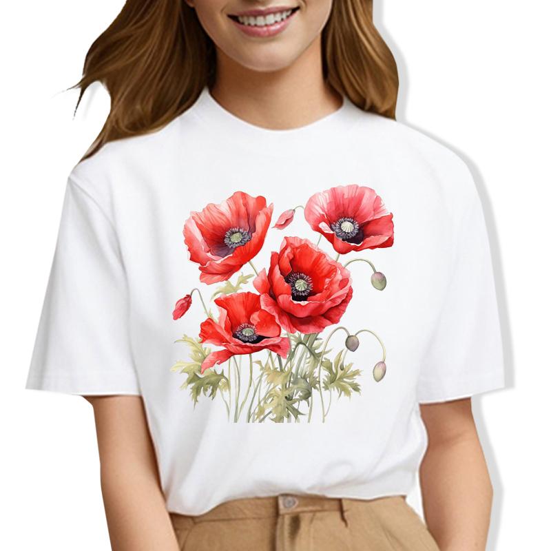 Модная красная футболка унисекс с принтом цветов и цветов, черная футболка с коротким рукавом, летняя футболка унисекс с принтом цветов в стиле Харадзюку для девочек