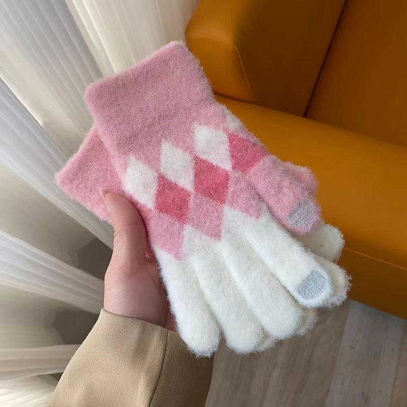 Шерстяные теплые перчатки для женщин на осень и зиму с сенсорным экраном для езды на велосипеде, милые зимние для велоспорта, для студентов, с пятью пальцами, плюс бархатные вязаные перчатки