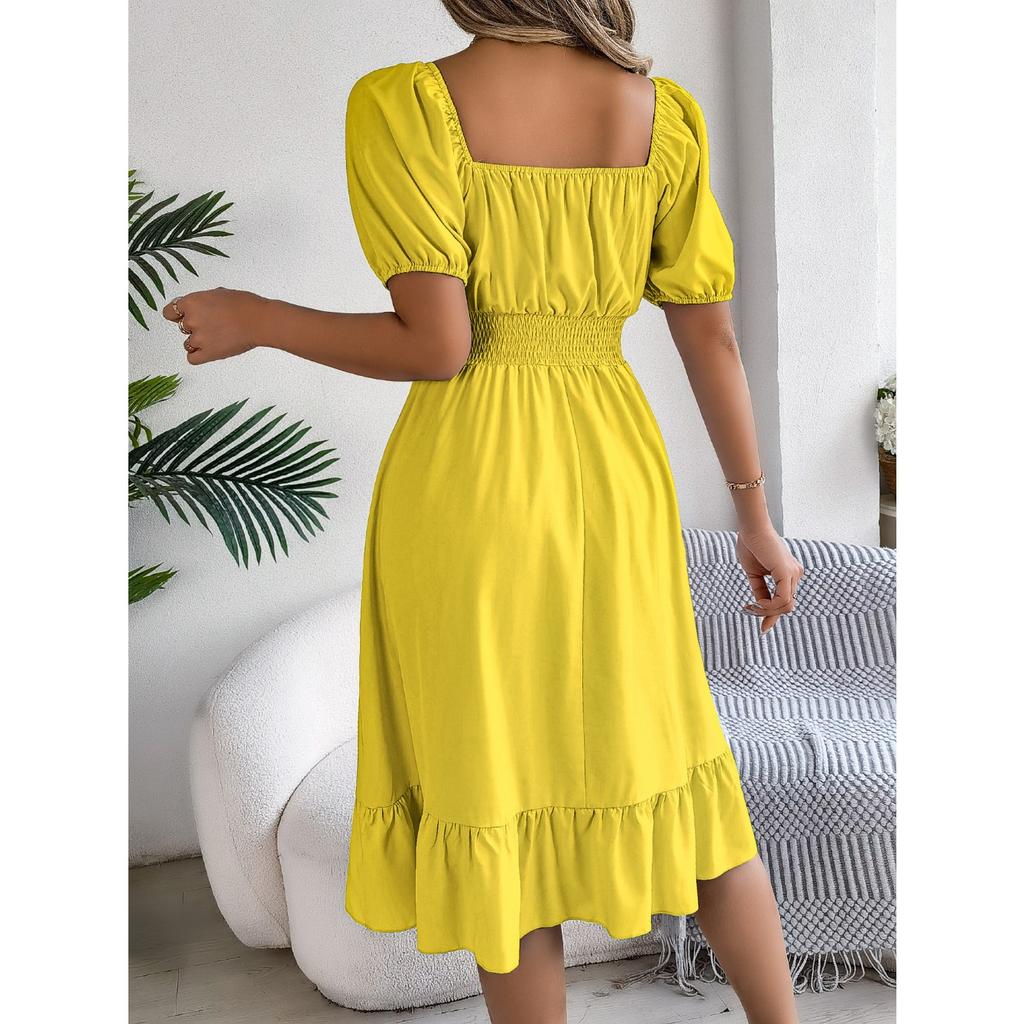 GMXIA Весенне-летнее повседневное платье с квадратным вырезом, короткими рукавами, приталенное, с А-силуэтной юбкой с оборками, женская одежда