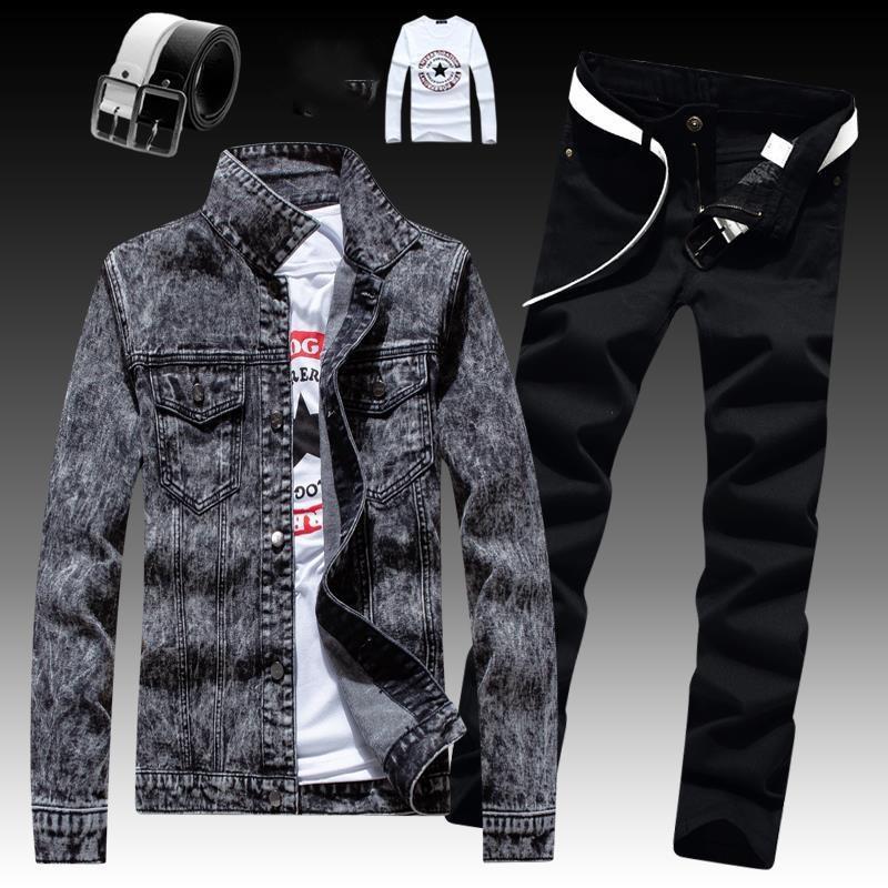 Мужской джинсовый костюм слим фит из 2 предметов: куртка с длинным рукавом и брюки. Повседневный, с принтом букв, большого размера. Черный, белый, красный. Брюки для мальчиков.