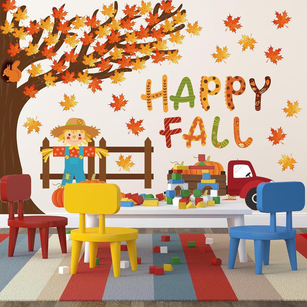Whaline 100Pcs Happy Fall Tree Bulletin Board Decorations Thanksgiving Maple Leaf Tree Pumpkin Scarecrow Cutouts Autumn Classroom Decor for Fall