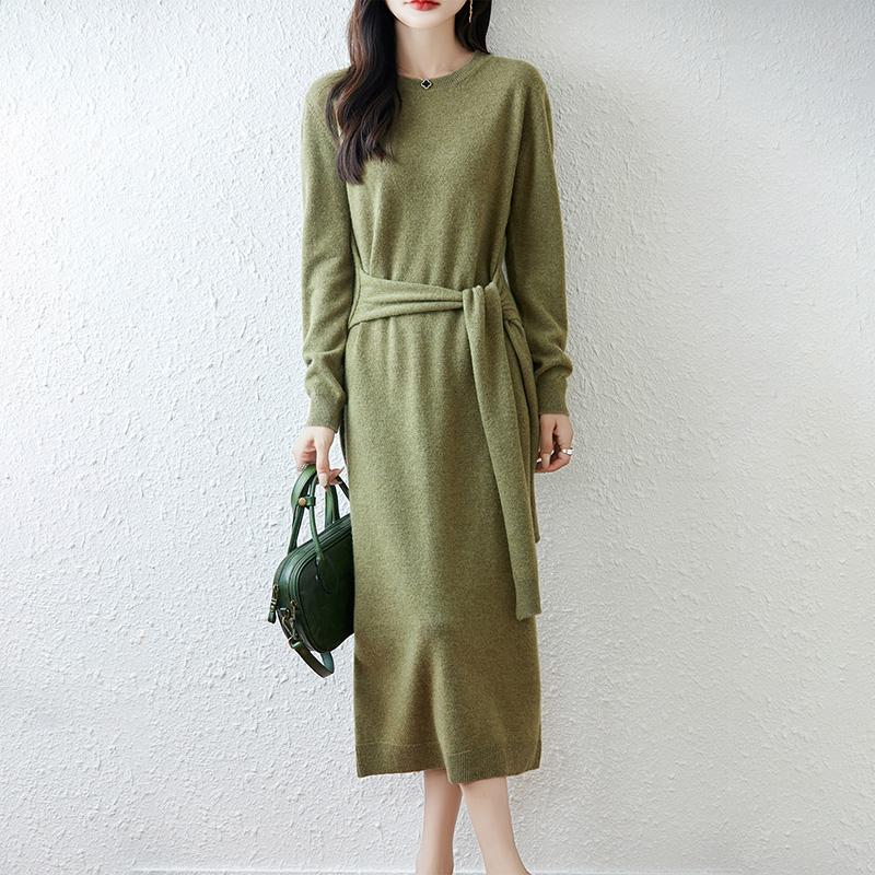 Women Sweater Dress 100% Wool TIDENOVEL O-neck Knit Long Pullover Winter Jumpers Wool Long Dress Female