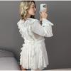 Elegant Ruffles Mini Dress Women V Neck Hollow Out Lace Up Long Sleeves Lace Dresses  Solid Color High Waist Dress