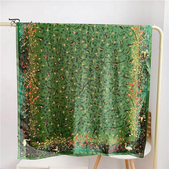 Rectangle Shawl Sunscreen Exquisite Faux Silk Scarf Women Green Printed Peacock Pattern Costume Accessories