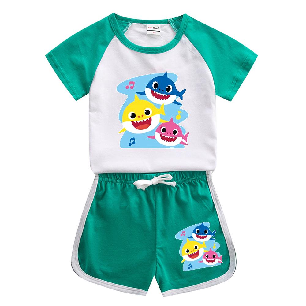 Летний набор для детей Baby Shark 2024: Хлопковая футболка с мультяшным принтом и шорты, Комплект из двух предметов
