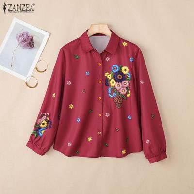 Женская блузка свободного кроя с цветочным принтом, с отложным воротником и длинными рукавами