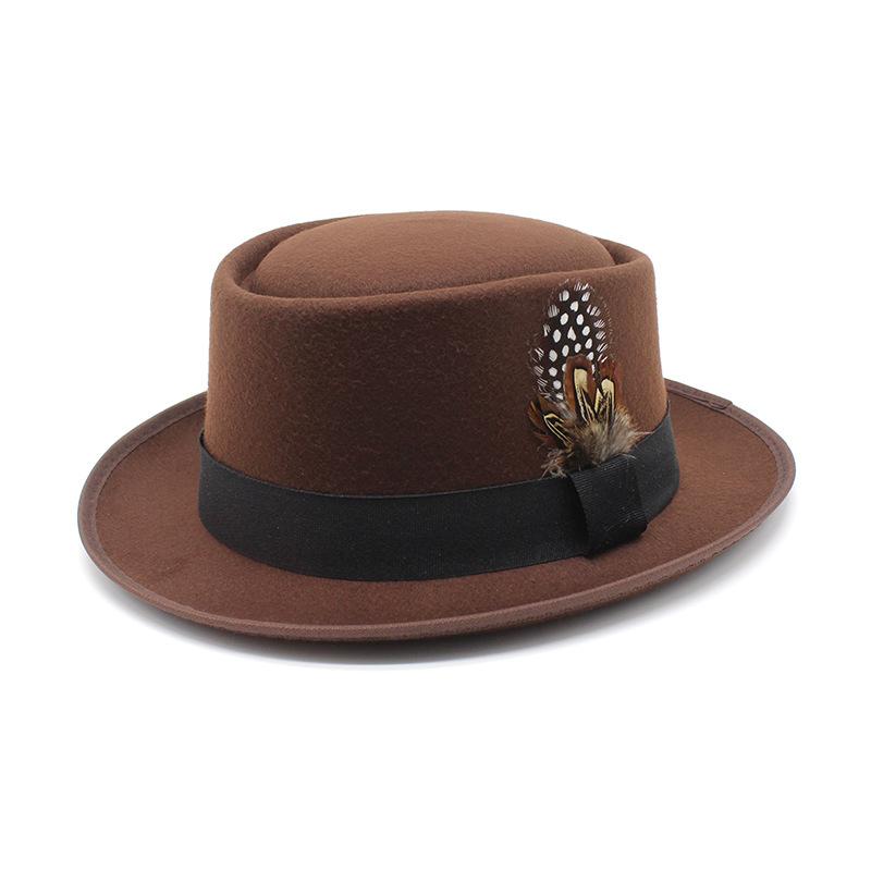 Hat Female British Retro Fashion Versatile Jazz Hat Flat Top Tweed Feather French Top Hat
