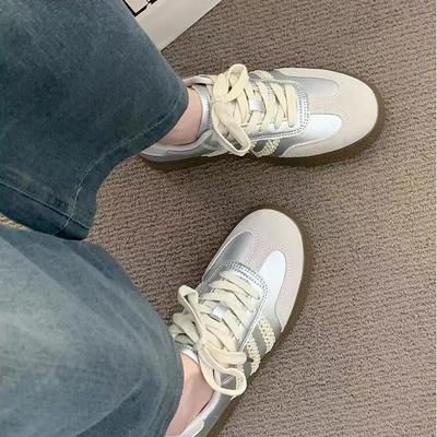 Серебристые немецкие тренировочные кроссовки женские новые весенние на платформе универсальные низкие оригинальные нишевые повседневные ретро кеды