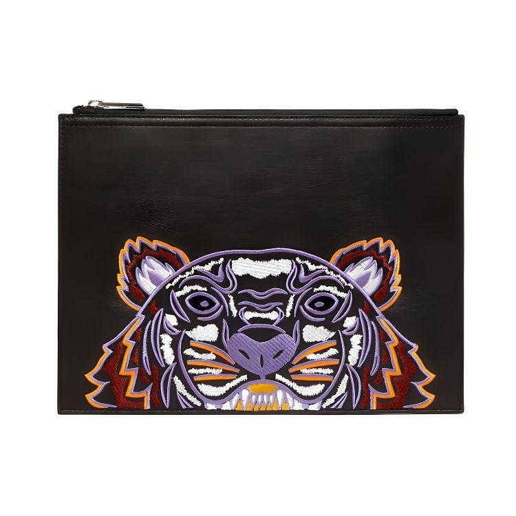 Kenzo Классическая вышивка головы тигра Блок цветов Застежка-молния Кожаный клатч Мужской клатч Черный F965PM322L49-99B