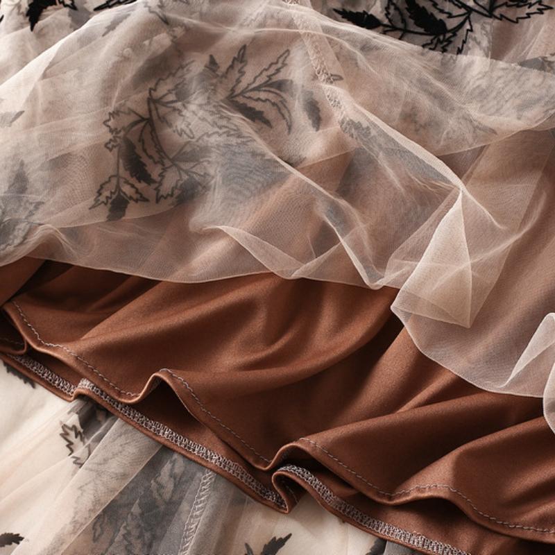 Марлевая юбка с флокирующим принтом, женская юбка, осенняя юбка трапециевидной формы средней длины, большая сетчатая юбка с цветочным принтом, длинная юбка