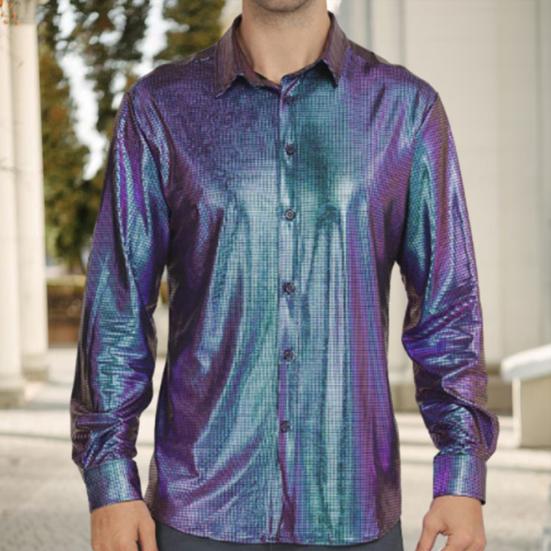 Мужская рубашка для выступлений с блестящей поверхностью и отложным воротником, однобортная рубашка с длинными рукавами и пуговицами, атласная рубашка для клубной вечеринки, дискотека, сценическое шоу