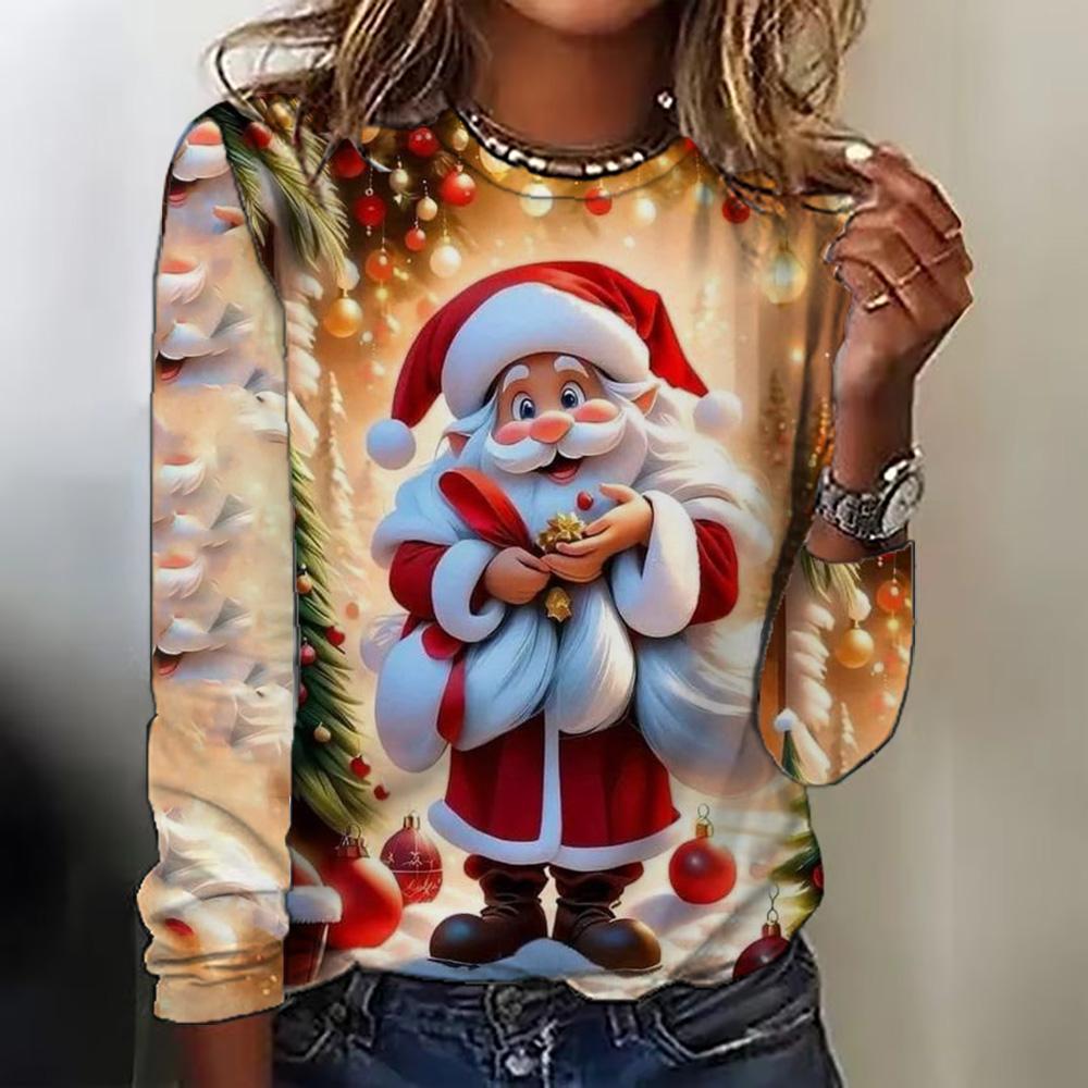 Летний топ с круглым вырезом и 3D рождественским принтом, модные и повседневные женские футболки с длинными рукавами