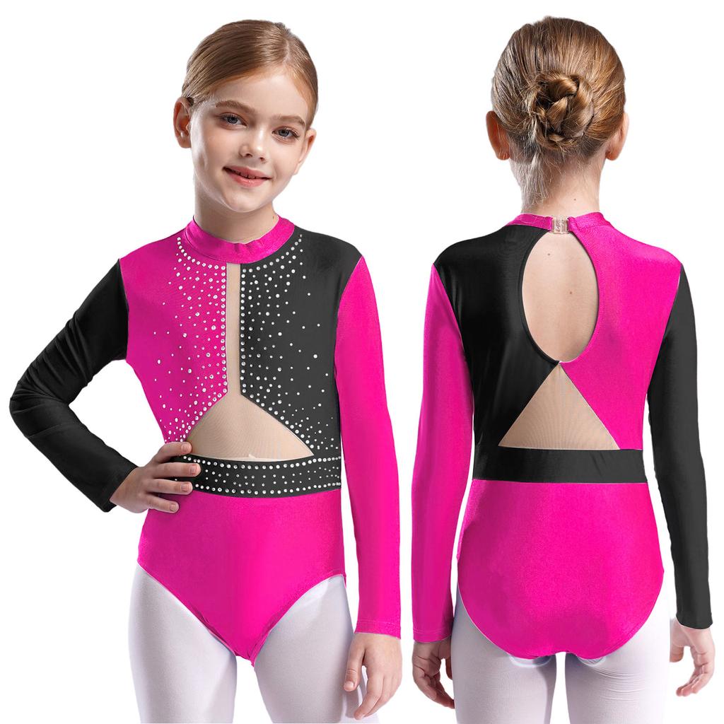 Гимнастический купальник для девочек, фигурное катание, балетные купальники, длинный рукав, стразы, сетчатый комбинезон, танцевальная одежда, боди для джазовых танцев, костюм для латинских танцев