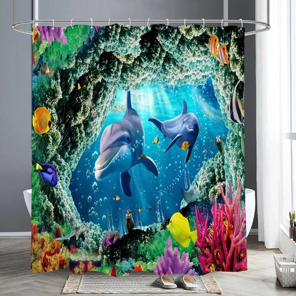 Шторки для душа с морскими животными Дельфин Морская черепаха Рыба Коралл Подводный пещерный пейзаж Ткань Детская занавеска для ванны Декор для ванной комнаты