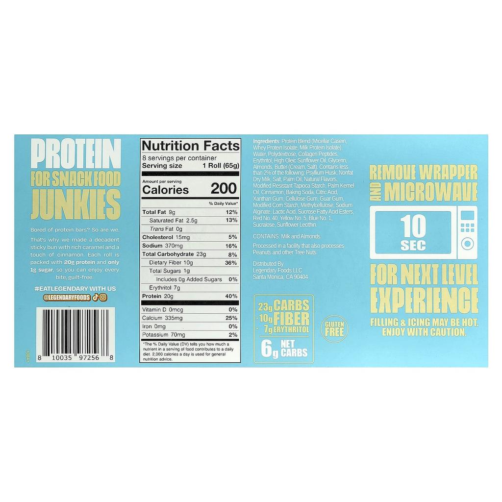 Legendary Foods Protein Sweet Rolls, Caramel Sticky Buns, 8 Count, 65g (2.3oz) Each