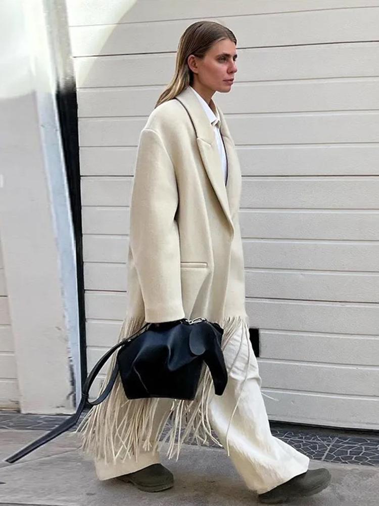 Шерстяное пальто с кисточками, женское, отложной воротник, длинный рукав, карман, женская осенняя куртка