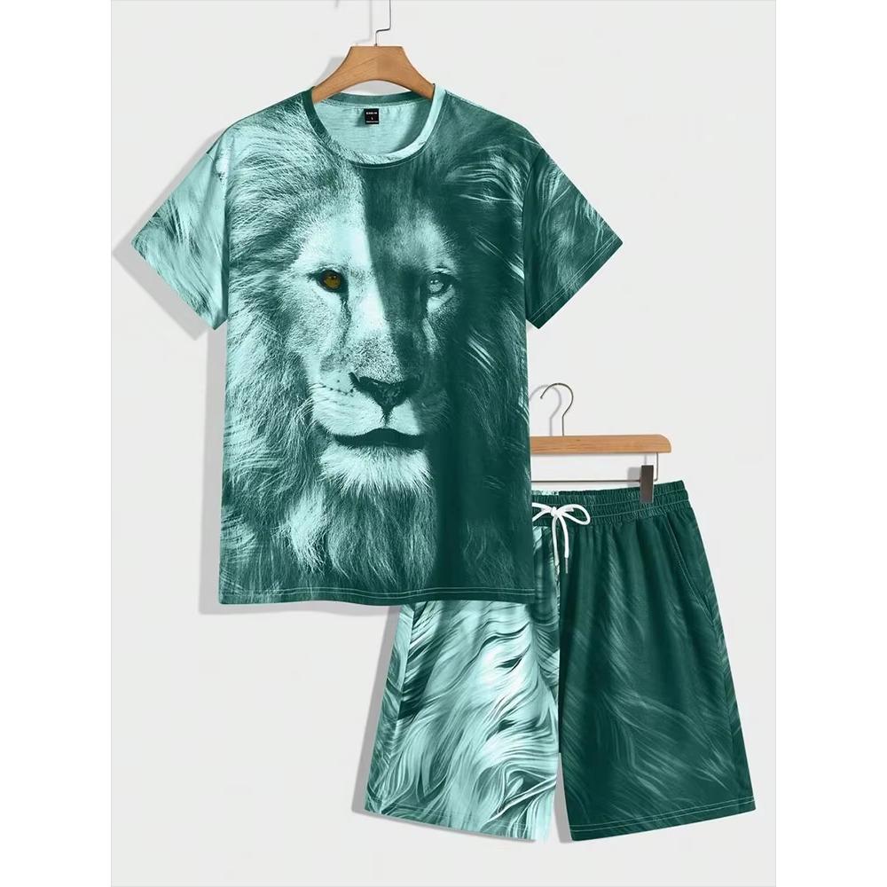 Fashion Lion King 3D Printed Men's Summer Animal Print Relaxed Fit Short Sleeve & Shorts 2-Piece Casual Sport Outfit Set