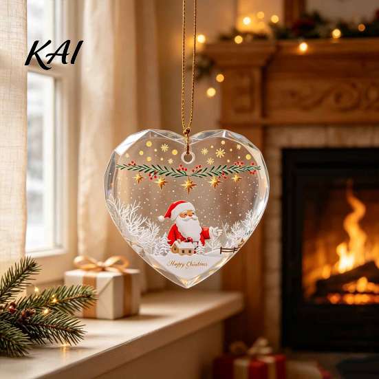 Transparent Holiday Gift Tags Heart Shaped Christmas Ornaments, Crystal Santa Winter Scene Hanging Ornament, Classic Tree Decor Xmas Pendant
