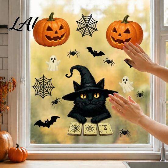 Seasonal Party Favors Cute Black Cat Halloween Window Clings Pumpkin Ghost Bat Spider Easy Apply Clings Decals Non-Adhesive Glass Stickers for Door