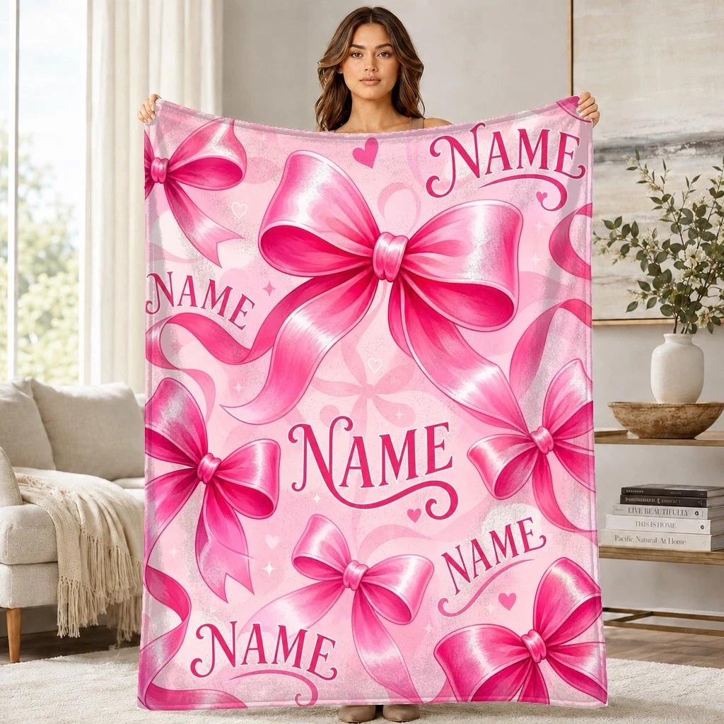 Pink Ribbon Bow Coral Fleece Blanket Cute Ribbon Decor