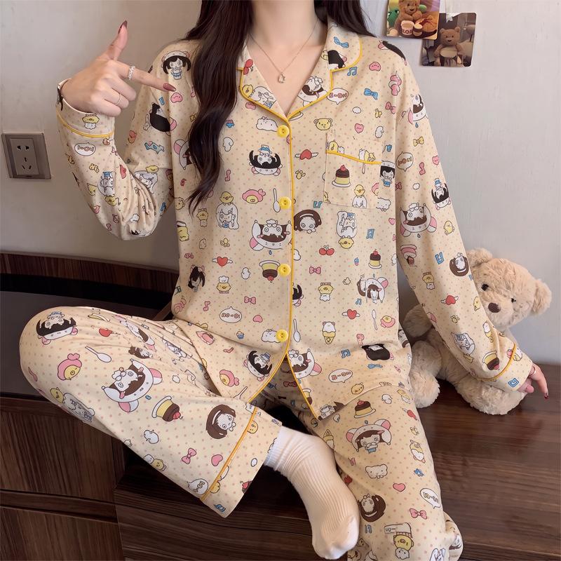 Japanese sweet two-dimensional girl style ins imitation cotton pajamas casual loungewear long sleeves trousers two-piece set
