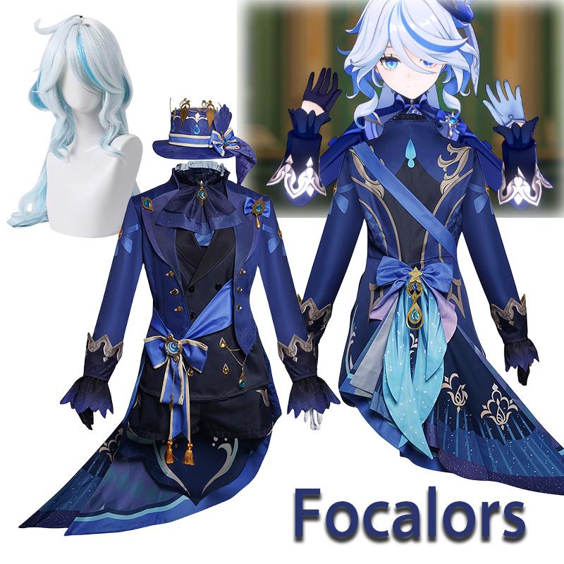 Игра Genshin Impact Focalors Косплей Шляпа Парик Волосы Полный комплект Карнавальное женское платье Униформа Костюм Экипировка Ролевая игра Маскарад Водный Бог